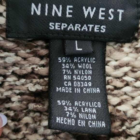 NINE WEST Cardigan Sweater Women Large Brown Wool Blend Y2K Ruffle Trim Shaggy - Picture 12 of 13